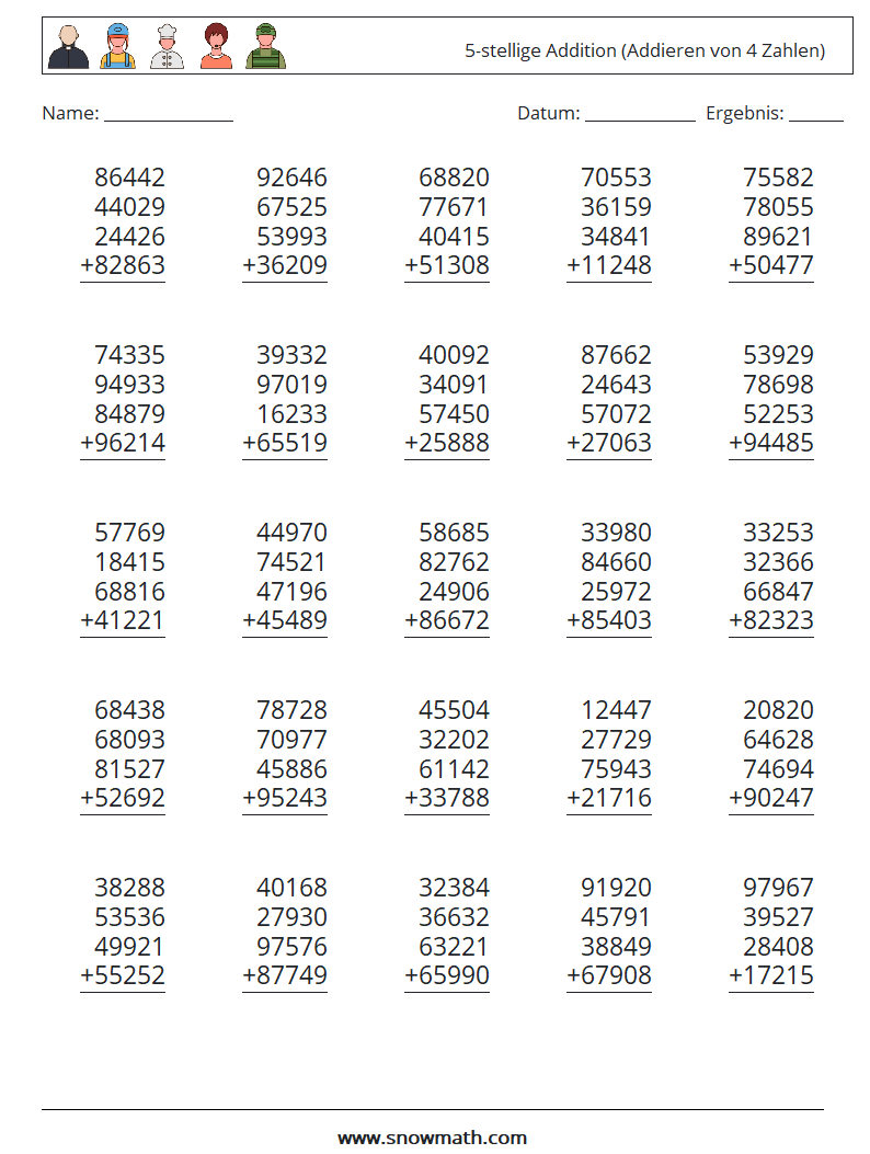 (25) 5-stellige Addition (Addieren von 4 Zahlen) Mathe-Arbeitsblätter 6