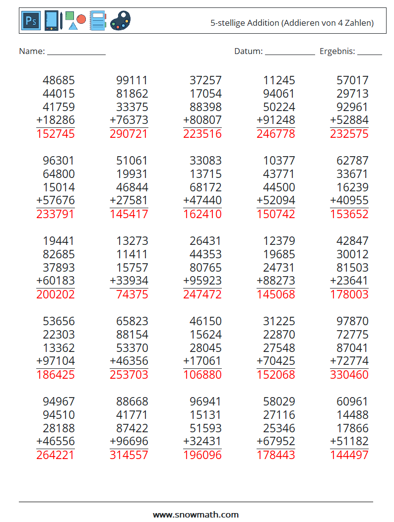 (25) 5-stellige Addition (Addieren von 4 Zahlen) Mathe-Arbeitsblätter 7 Frage, Antwort