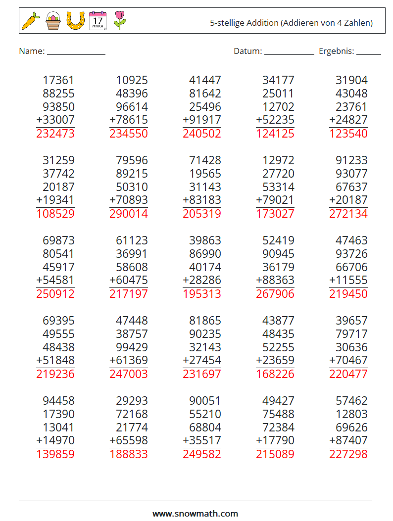 (25) 5-stellige Addition (Addieren von 4 Zahlen) Mathe-Arbeitsblätter 8 Frage, Antwort