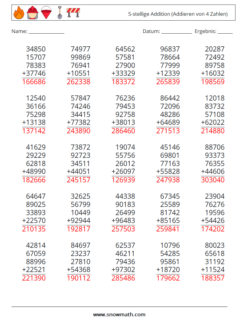 (25) 5-stellige Addition (Addieren von 4 Zahlen) Mathe-Arbeitsblätter 9 Frage, Antwort