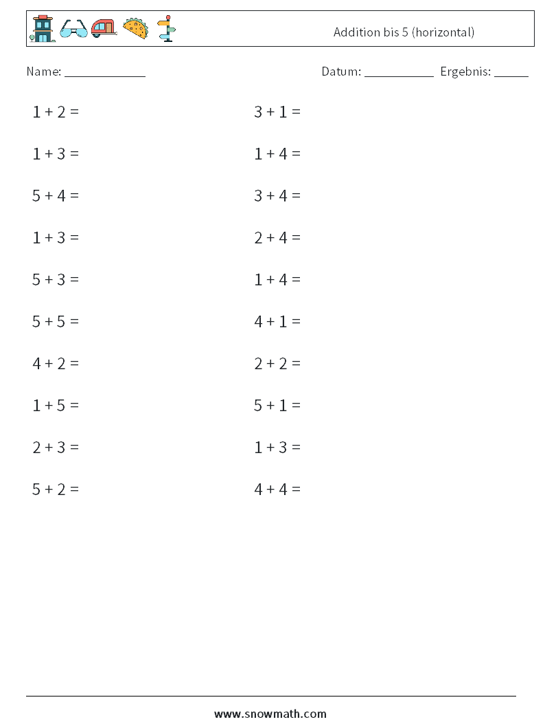 (20) Addition bis 5 (horizontal) Mathe-Arbeitsblätter 1