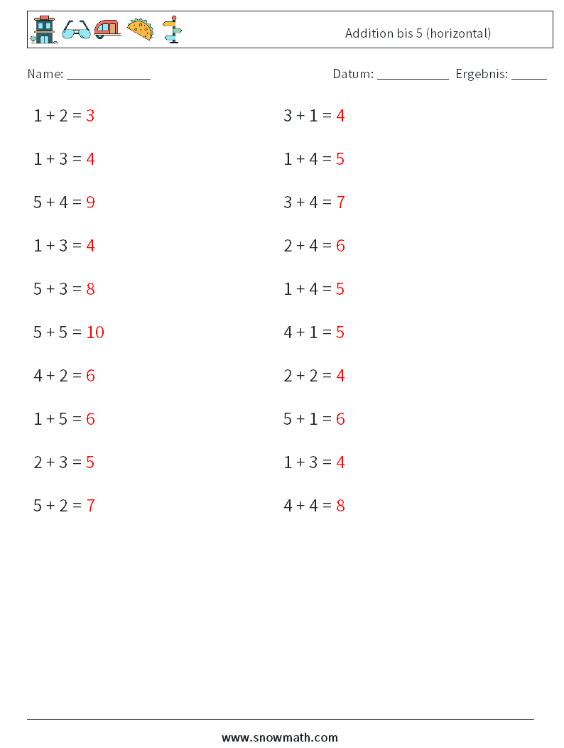 (20) Addition bis 5 (horizontal) Mathe-Arbeitsblätter 1 Frage, Antwort