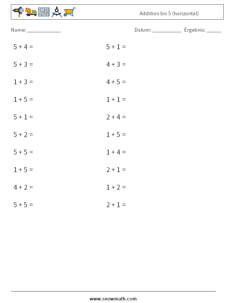 (20) Addition bis 5 (horizontal) Mathe-Arbeitsblätter 2