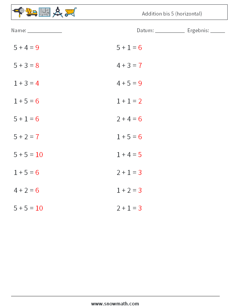 (20) Addition bis 5 (horizontal) Mathe-Arbeitsblätter 2 Frage, Antwort