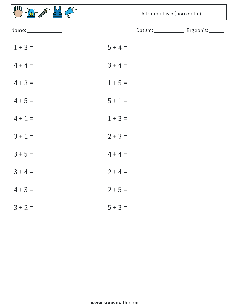 (20) Addition bis 5 (horizontal) Mathe-Arbeitsblätter 3