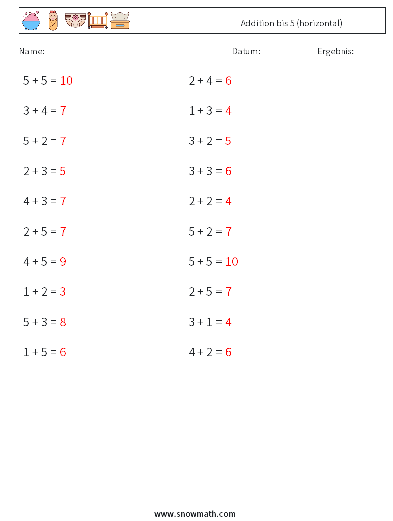 (20) Addition bis 5 (horizontal) Mathe-Arbeitsblätter 4 Frage, Antwort