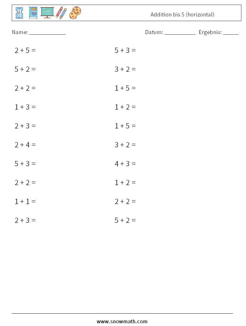 (20) Addition bis 5 (horizontal) Mathe-Arbeitsblätter 5