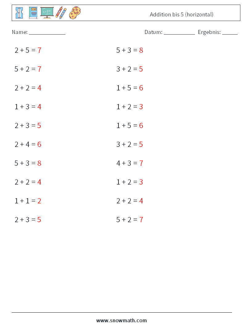(20) Addition bis 5 (horizontal) Mathe-Arbeitsblätter 5 Frage, Antwort