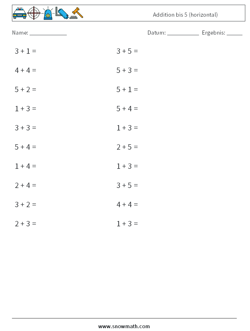 (20) Addition bis 5 (horizontal) Mathe-Arbeitsblätter 6