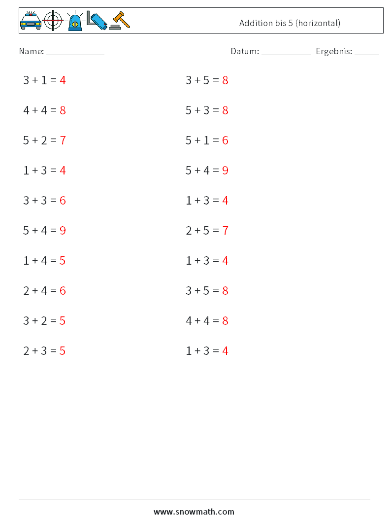 (20) Addition bis 5 (horizontal) Mathe-Arbeitsblätter 6 Frage, Antwort