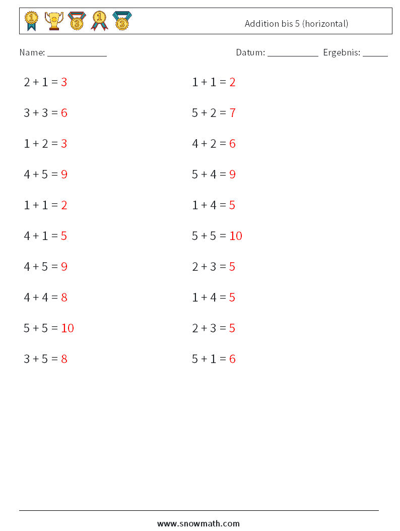 (20) Addition bis 5 (horizontal) Mathe-Arbeitsblätter 7 Frage, Antwort