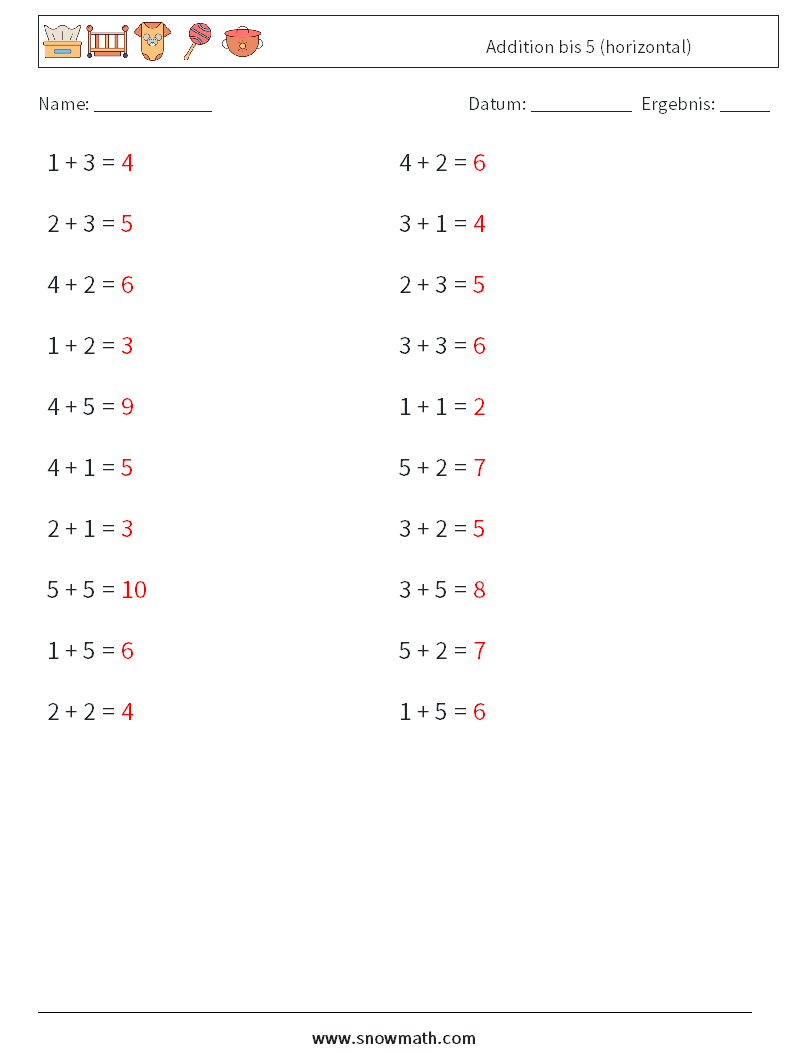 (20) Addition bis 5 (horizontal) Mathe-Arbeitsblätter 8 Frage, Antwort
