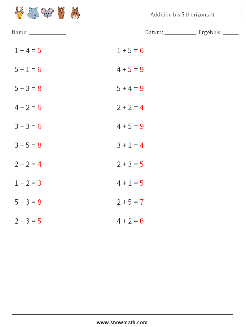 (20) Addition bis 5 (horizontal) Mathe-Arbeitsblätter 9 Frage, Antwort