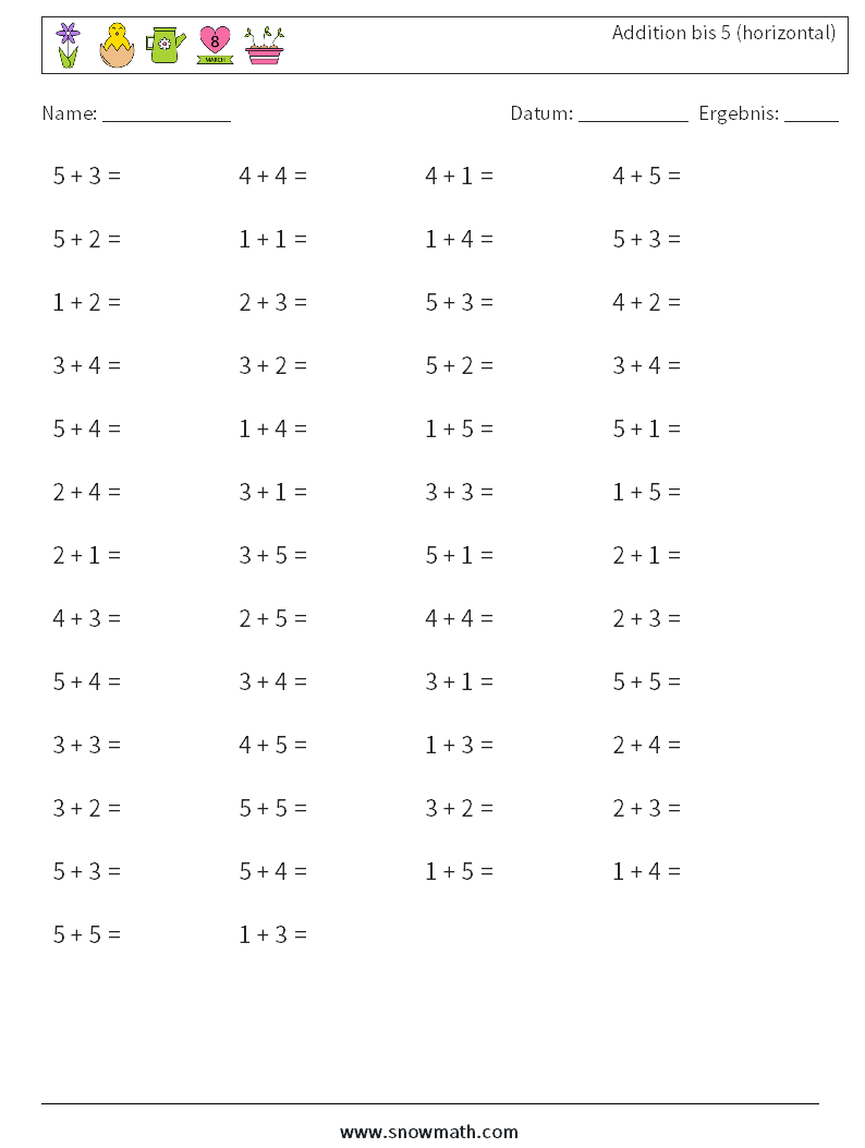 (50) Addition bis 5 (horizontal) Mathe-Arbeitsblätter 2