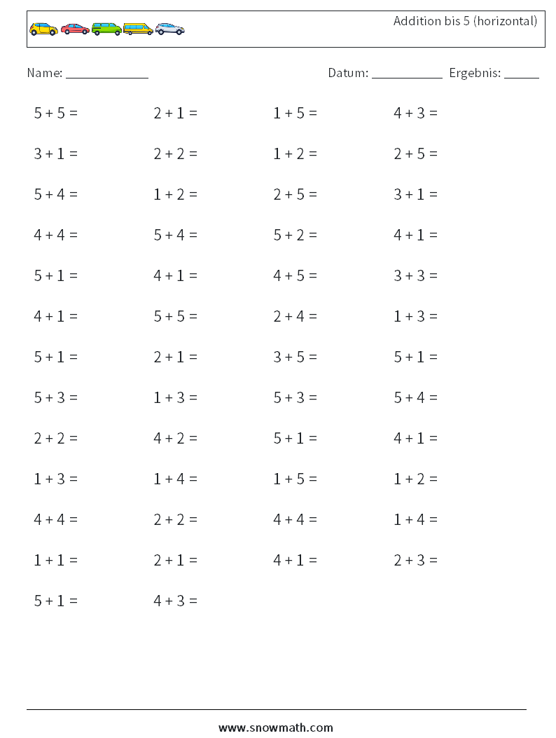 (50) Addition bis 5 (horizontal) Mathe-Arbeitsblätter 3