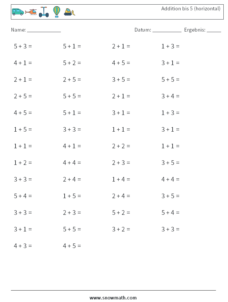 (50) Addition bis 5 (horizontal) Mathe-Arbeitsblätter 4