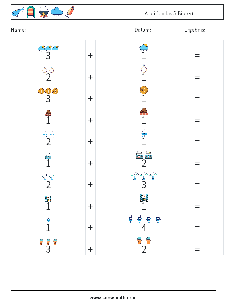 Addition bis 5(Bilder) Mathe-Arbeitsblätter 1