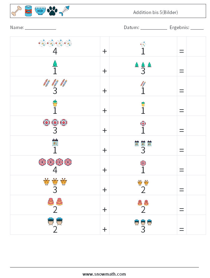 Addition bis 5(Bilder) Mathe-Arbeitsblätter 10