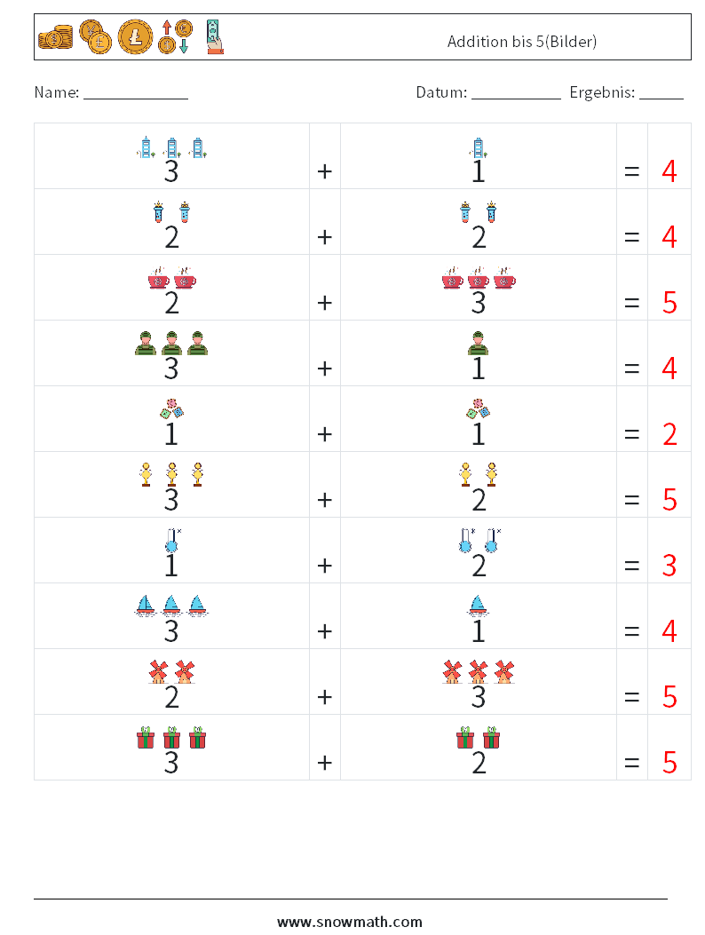 Addition bis 5(Bilder) Mathe-Arbeitsblätter 12 Frage, Antwort