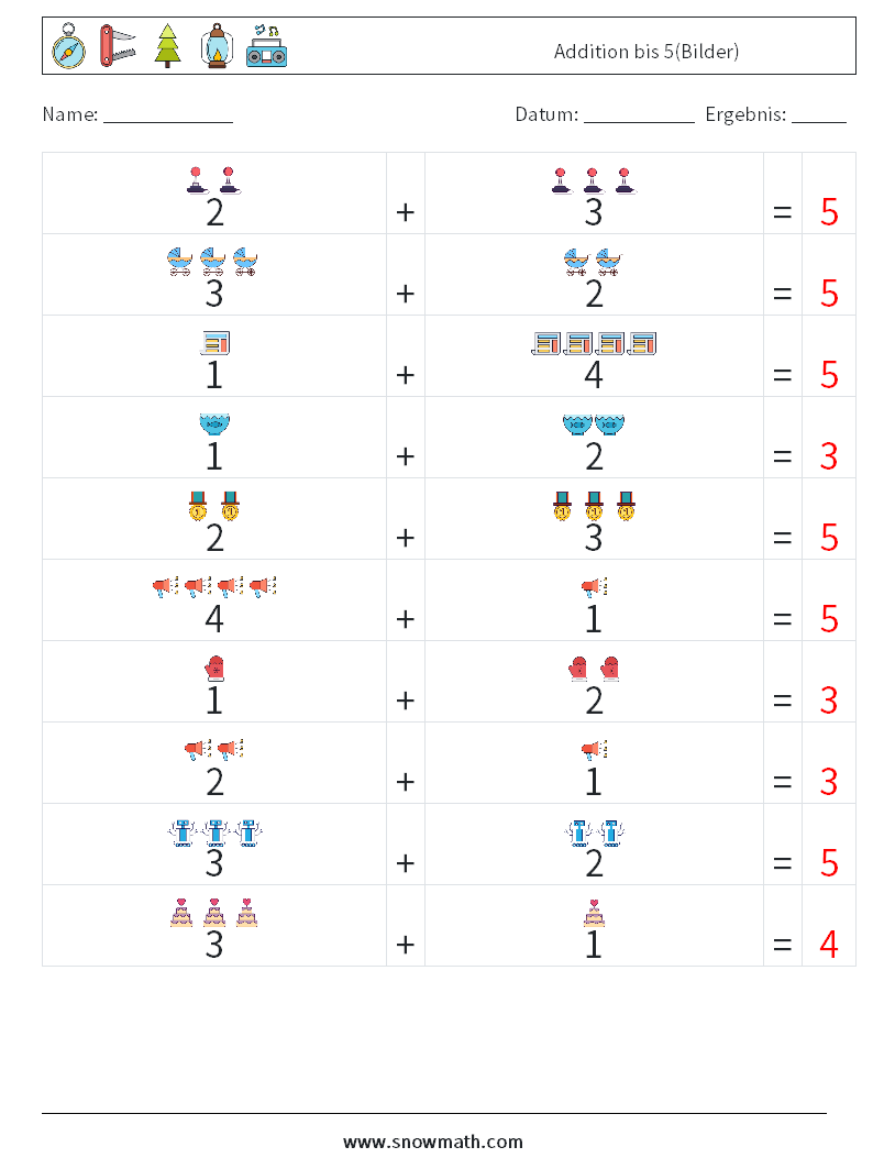 Addition bis 5(Bilder) Mathe-Arbeitsblätter 18 Frage, Antwort