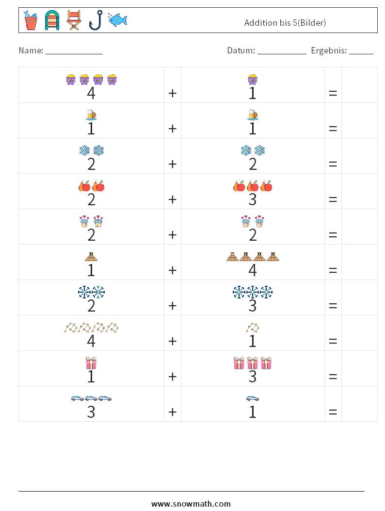 Addition bis 5(Bilder) Mathe-Arbeitsblätter 2