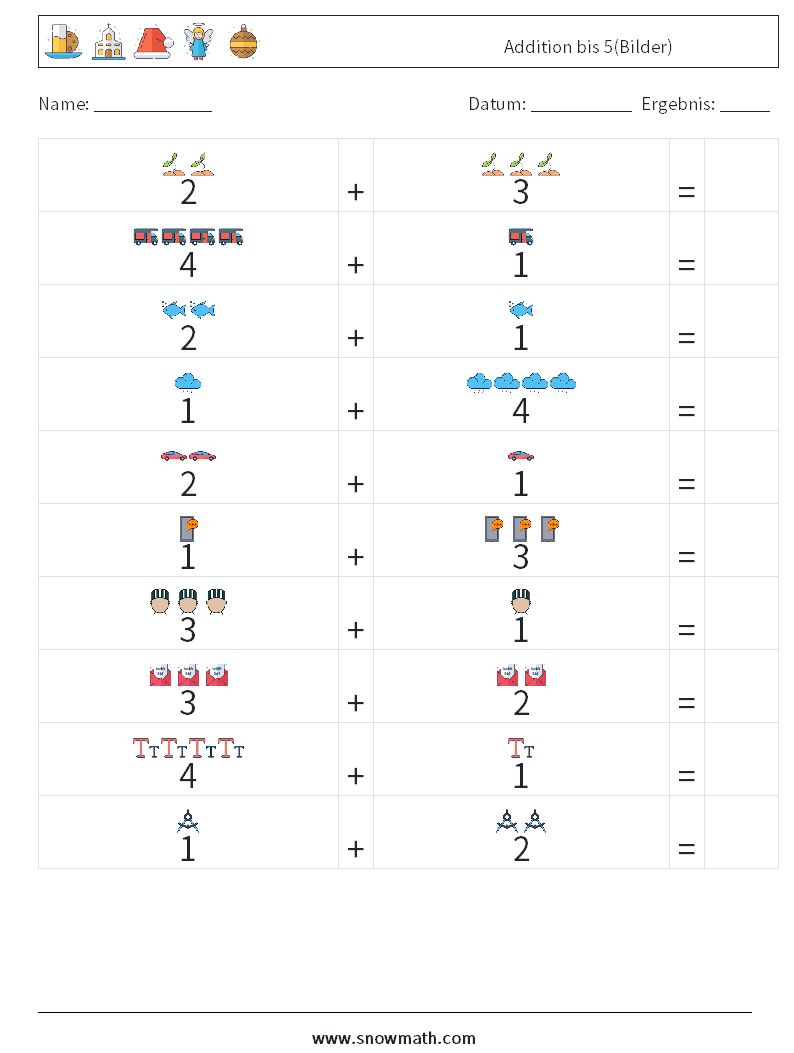 Addition bis 5(Bilder) Mathe-Arbeitsblätter 3