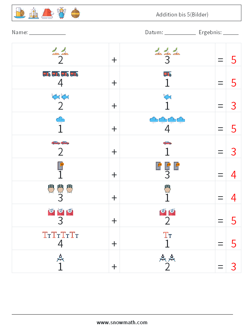 Addition bis 5(Bilder) Mathe-Arbeitsblätter 3 Frage, Antwort