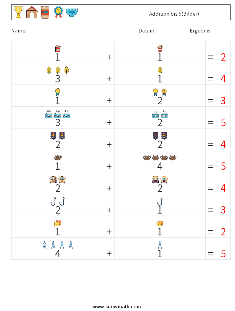 Addition bis 5(Bilder) Mathe-Arbeitsblätter 4 Frage, Antwort