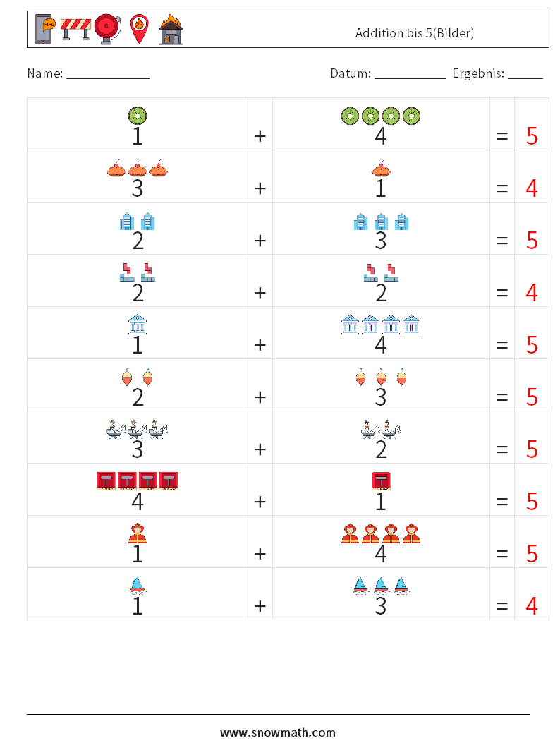 Addition bis 5(Bilder) Mathe-Arbeitsblätter 8 Frage, Antwort