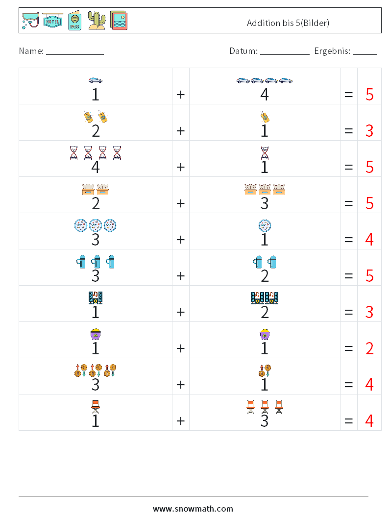 Addition bis 5(Bilder) Mathe-Arbeitsblätter 9 Frage, Antwort