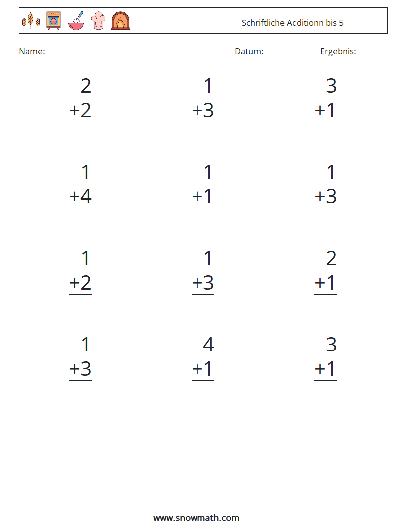 (12) Schriftliche Additionn bis 5 Mathe-Arbeitsblätter 1