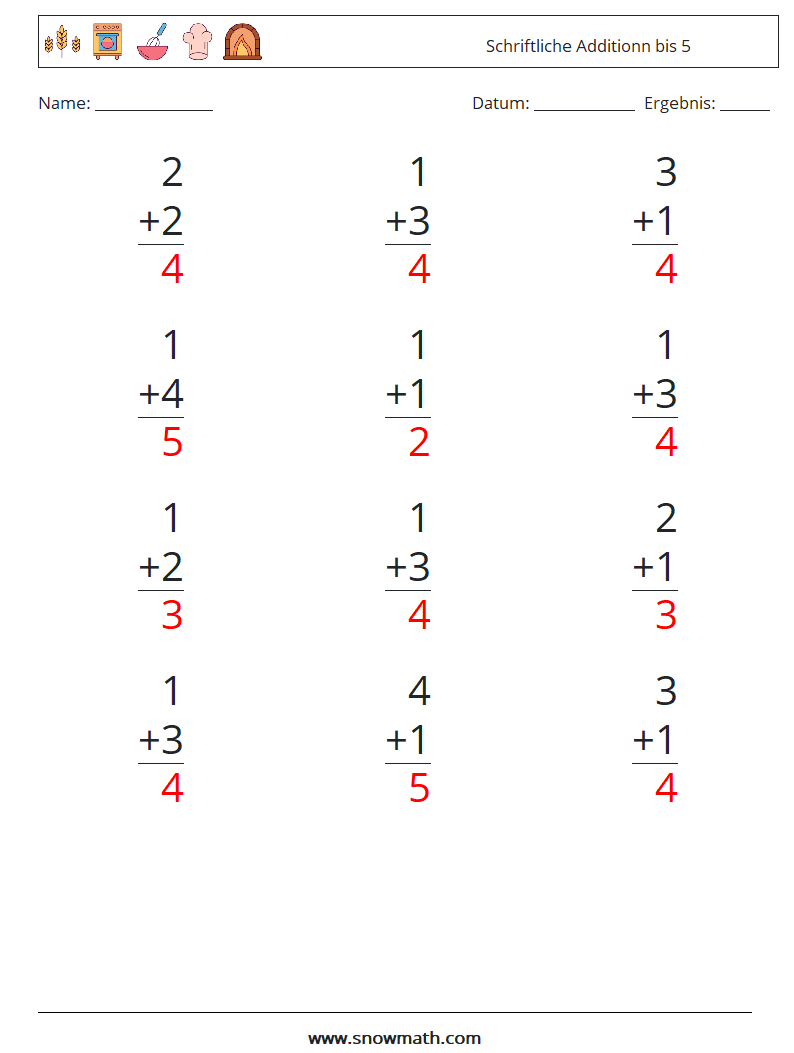 (12) Schriftliche Additionn bis 5 Mathe-Arbeitsblätter 1 Frage, Antwort