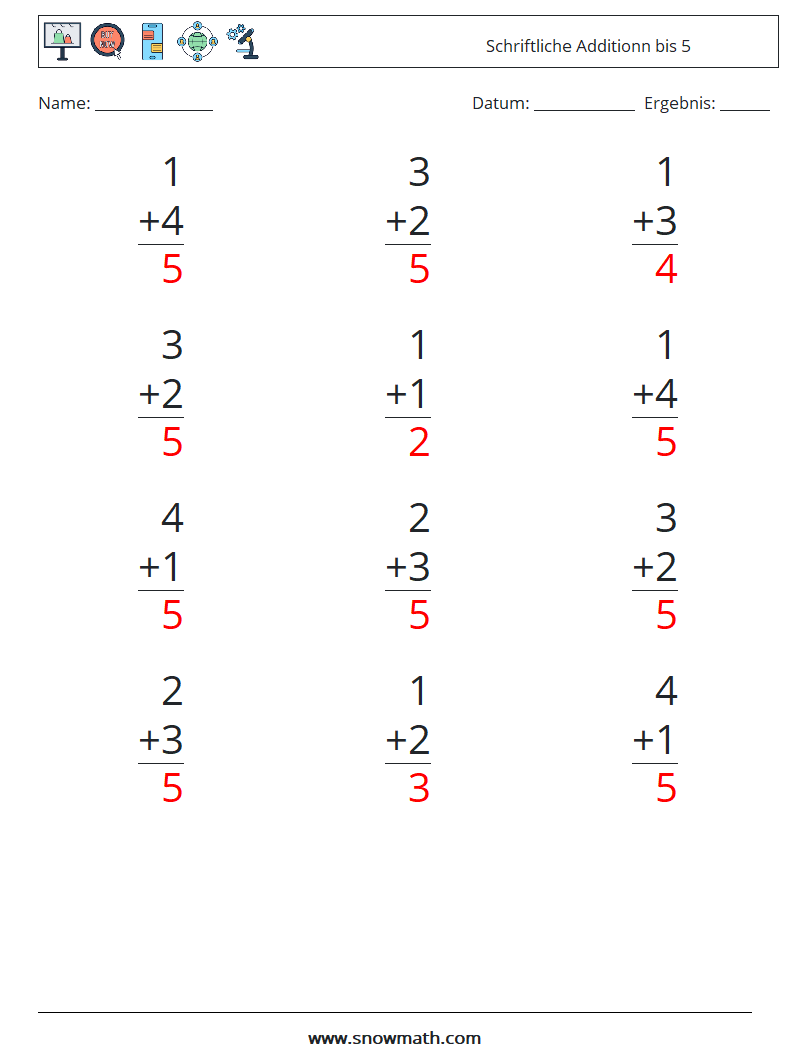(12) Schriftliche Additionn bis 5 Mathe-Arbeitsblätter 2 Frage, Antwort