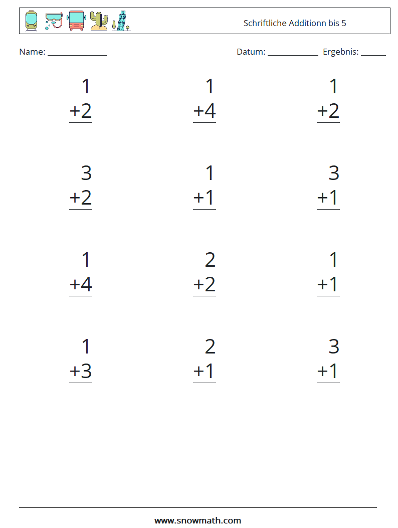 (12) Schriftliche Additionn bis 5 Mathe-Arbeitsblätter 3