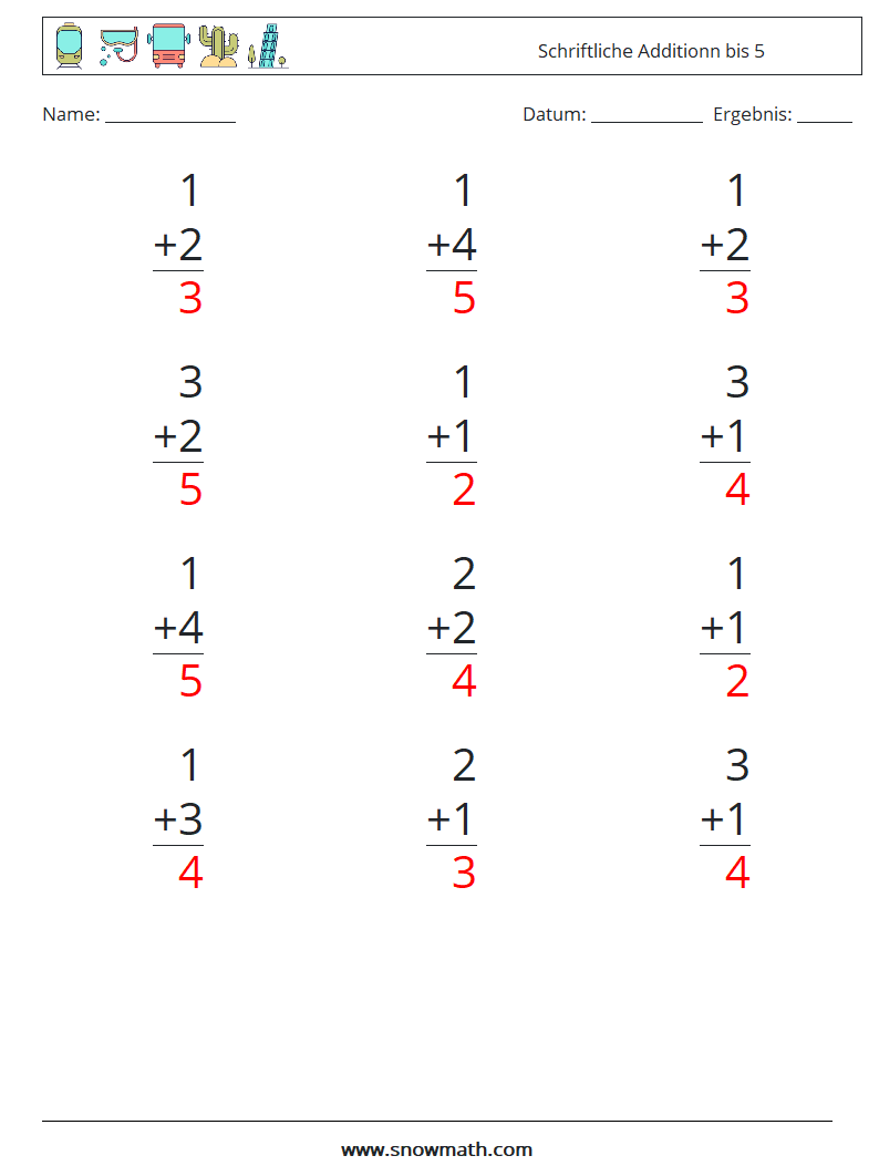 (12) Schriftliche Additionn bis 5 Mathe-Arbeitsblätter 3 Frage, Antwort