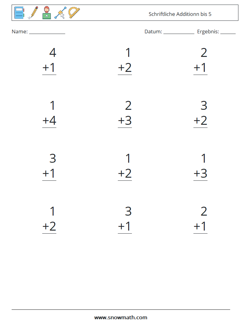 (12) Schriftliche Additionn bis 5 Mathe-Arbeitsblätter 4