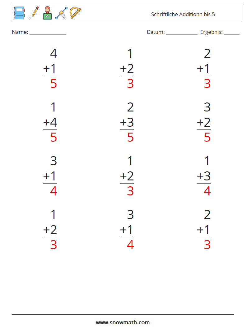 (12) Schriftliche Additionn bis 5 Mathe-Arbeitsblätter 4 Frage, Antwort
