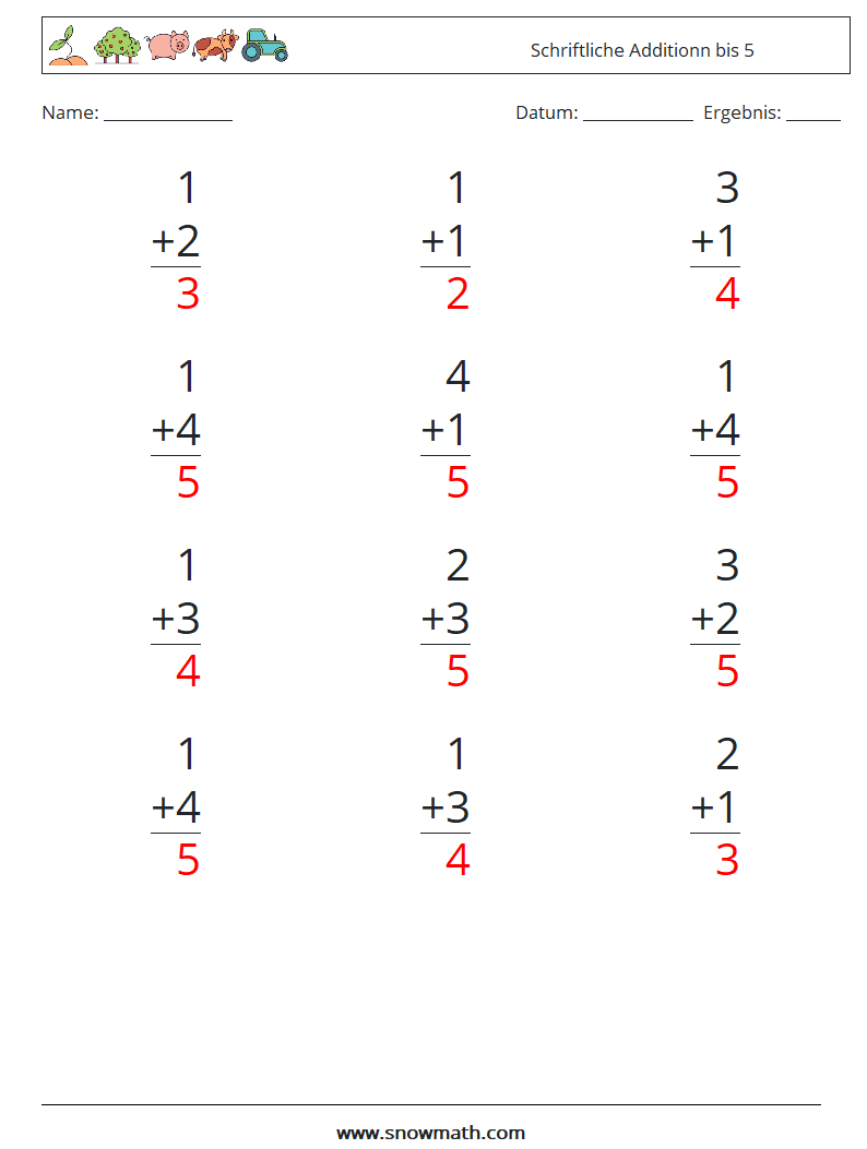 (12) Schriftliche Additionn bis 5 Mathe-Arbeitsblätter 5 Frage, Antwort