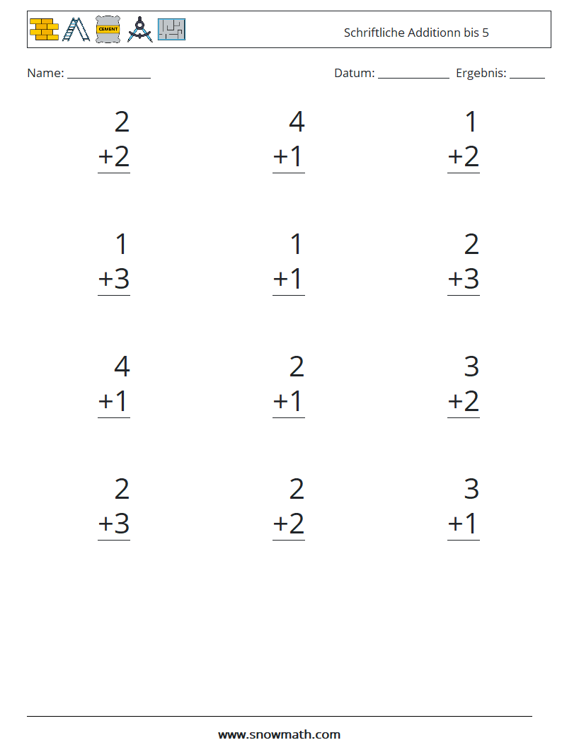 (12) Schriftliche Additionn bis 5 Mathe-Arbeitsblätter 7