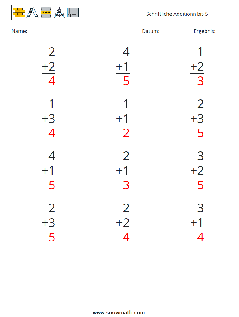 (12) Schriftliche Additionn bis 5 Mathe-Arbeitsblätter 7 Frage, Antwort