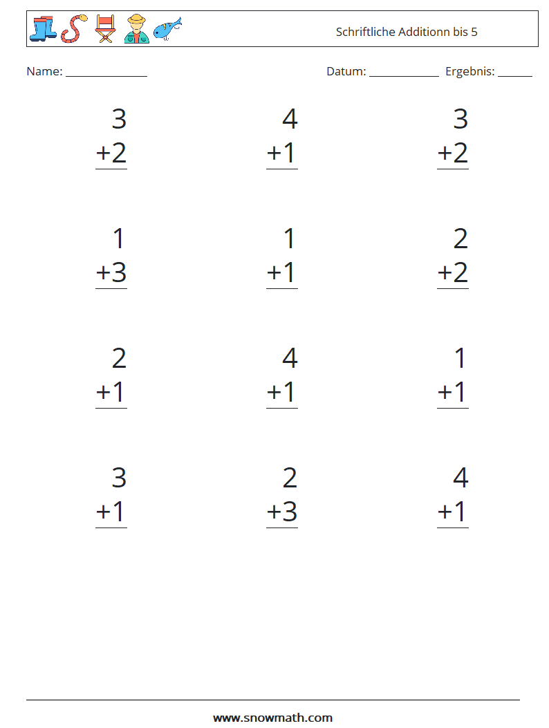(12) Schriftliche Additionn bis 5 Mathe-Arbeitsblätter 9