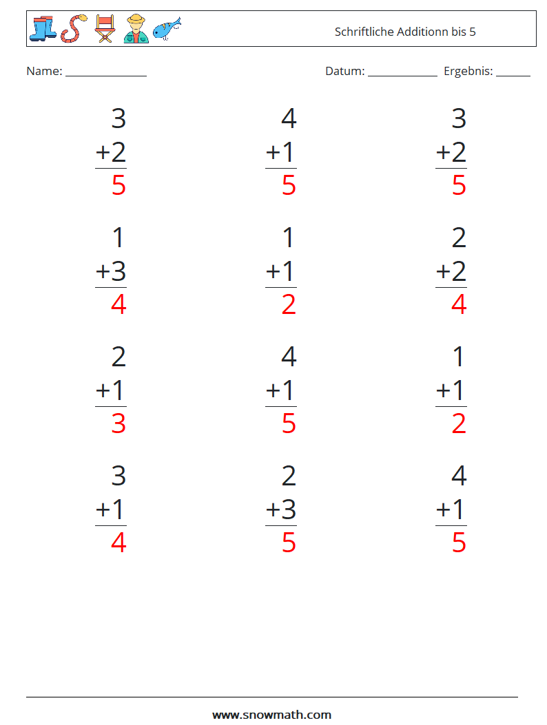(12) Schriftliche Additionn bis 5 Mathe-Arbeitsblätter 9 Frage, Antwort
