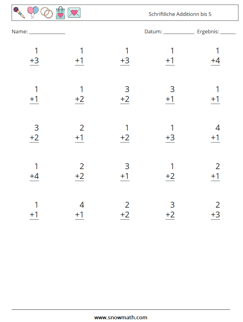 (25) Schriftliche Additionn bis 5 Mathe-Arbeitsblätter 1