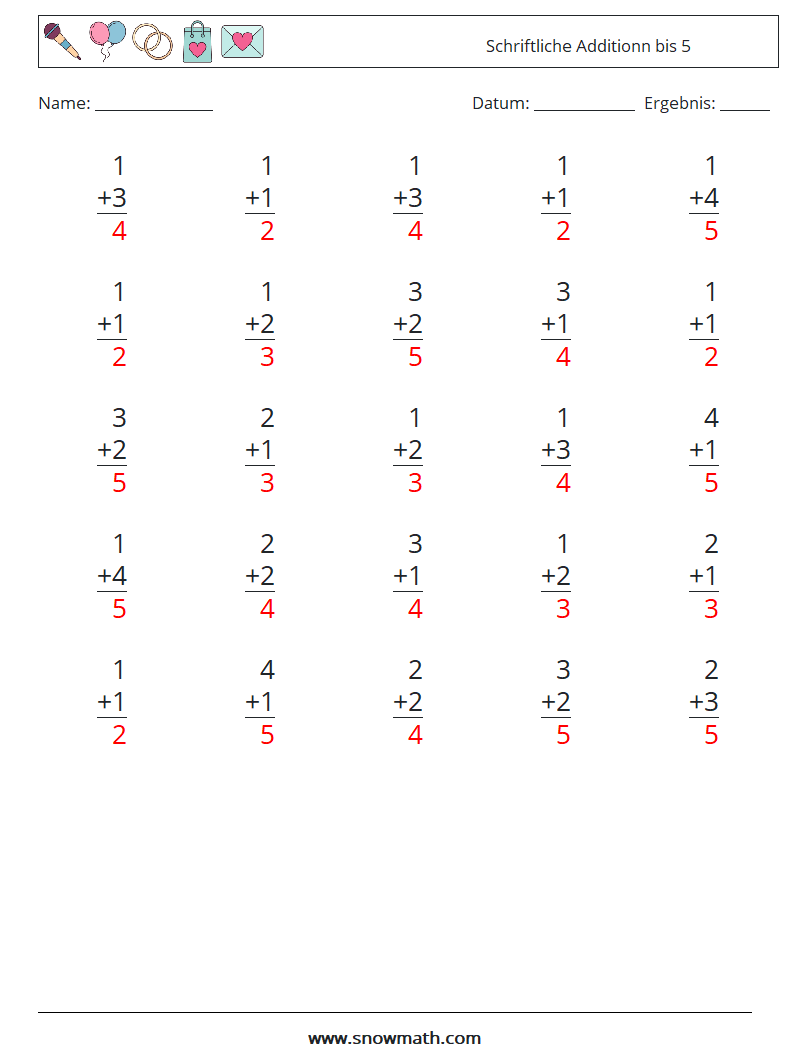 (25) Schriftliche Additionn bis 5 Mathe-Arbeitsblätter 1 Frage, Antwort