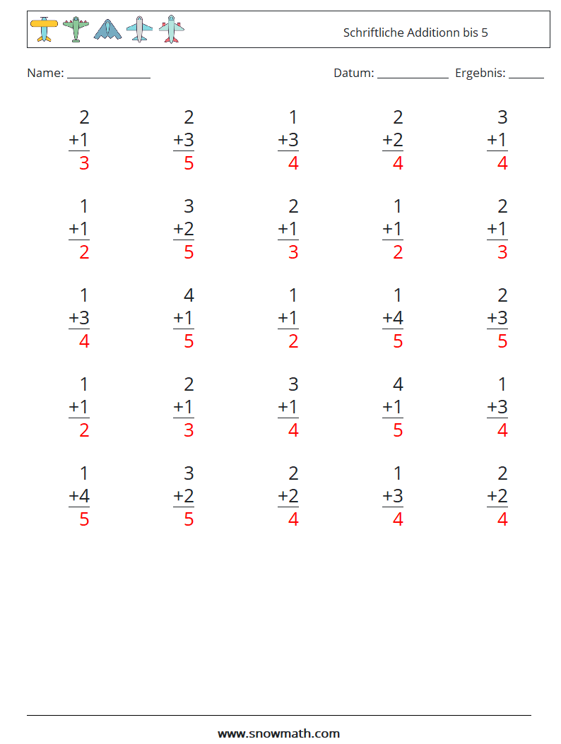 (25) Schriftliche Additionn bis 5 Mathe-Arbeitsblätter 2 Frage, Antwort