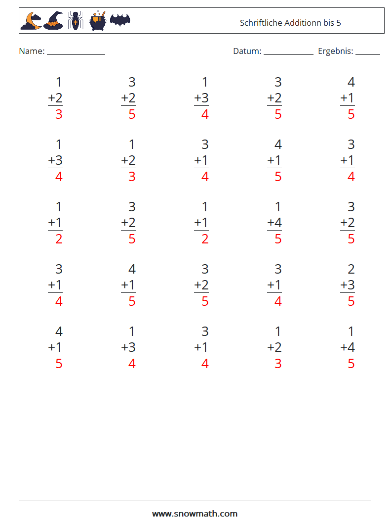 (25) Schriftliche Additionn bis 5 Mathe-Arbeitsblätter 3 Frage, Antwort