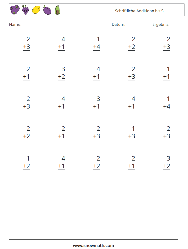 (25) Schriftliche Additionn bis 5 Mathe-Arbeitsblätter 4