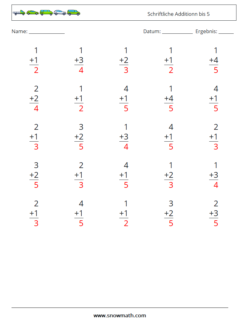 (25) Schriftliche Additionn bis 5 Mathe-Arbeitsblätter 5 Frage, Antwort