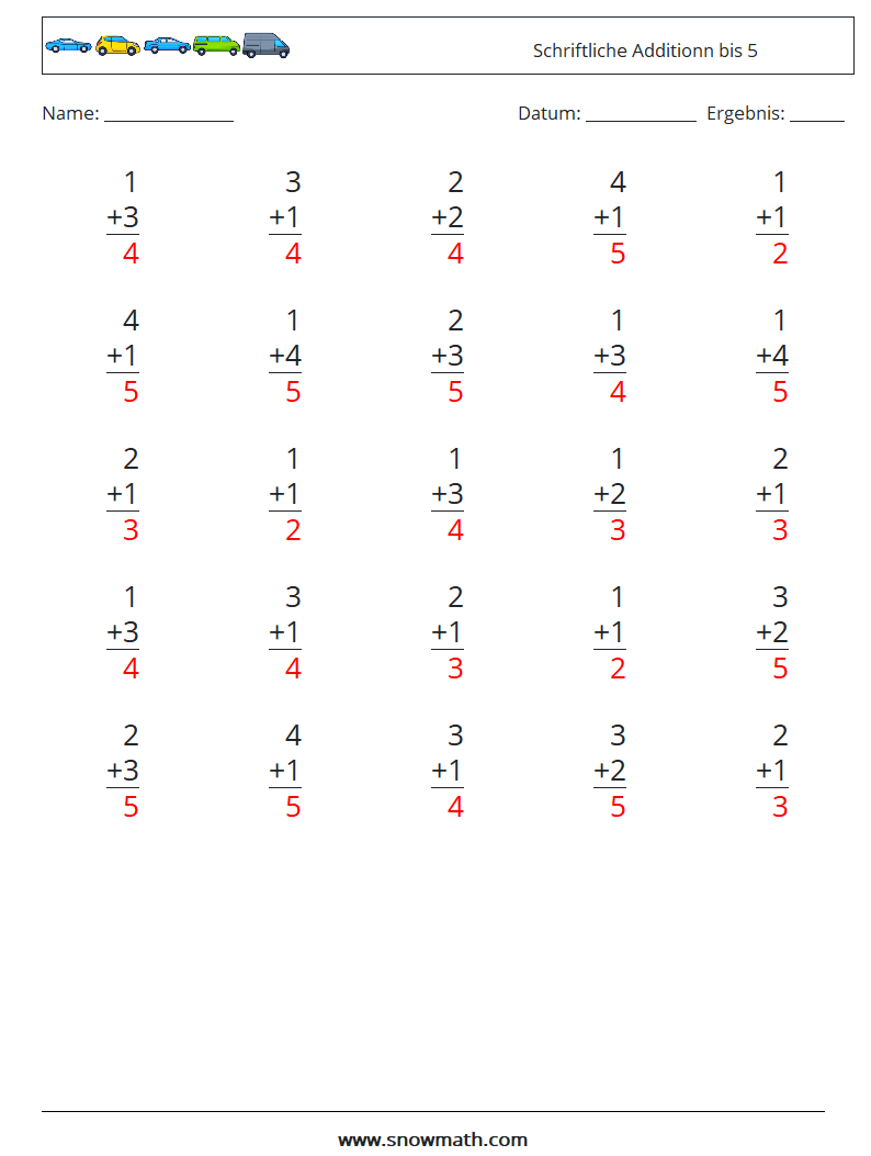 (25) Schriftliche Additionn bis 5 Mathe-Arbeitsblätter 7 Frage, Antwort