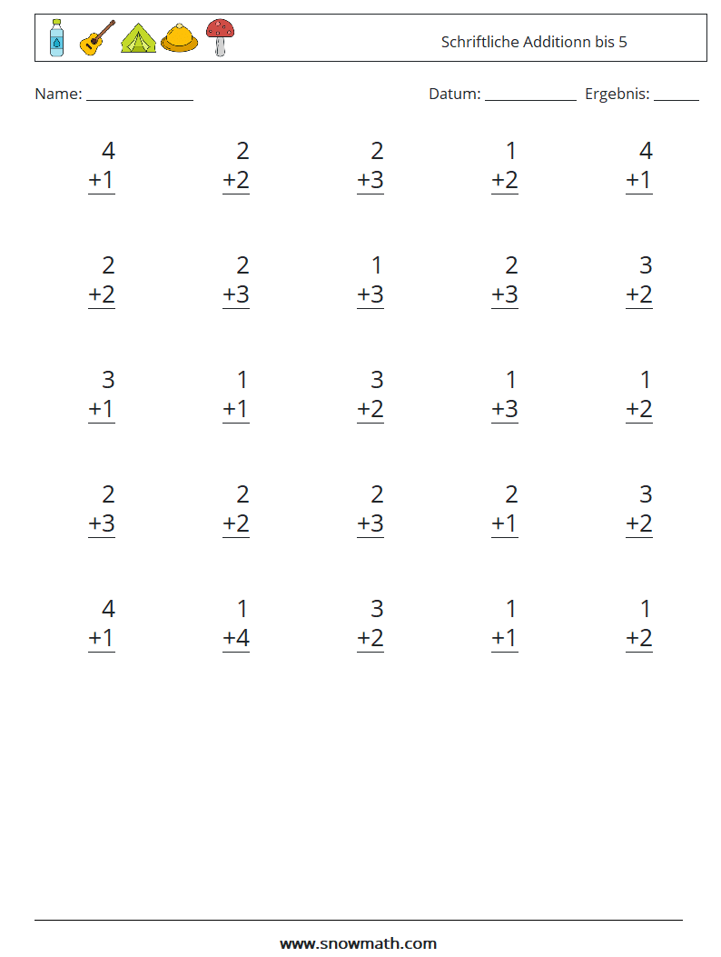 (25) Schriftliche Additionn bis 5 Mathe-Arbeitsblätter 8